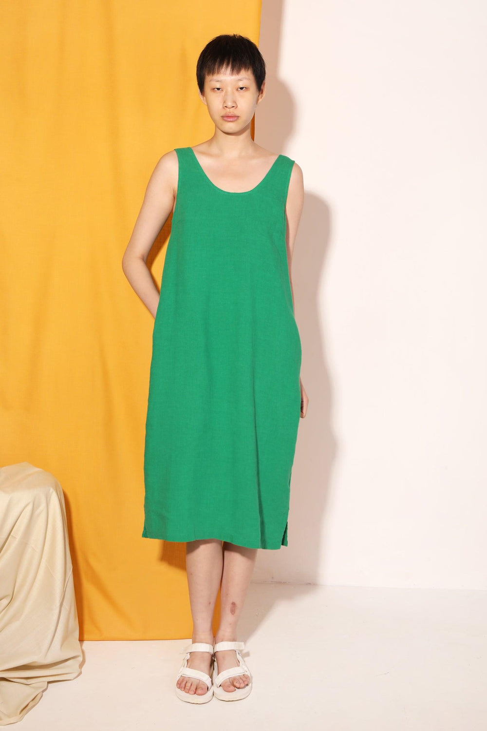 Basic Linen Shift Dress Grass