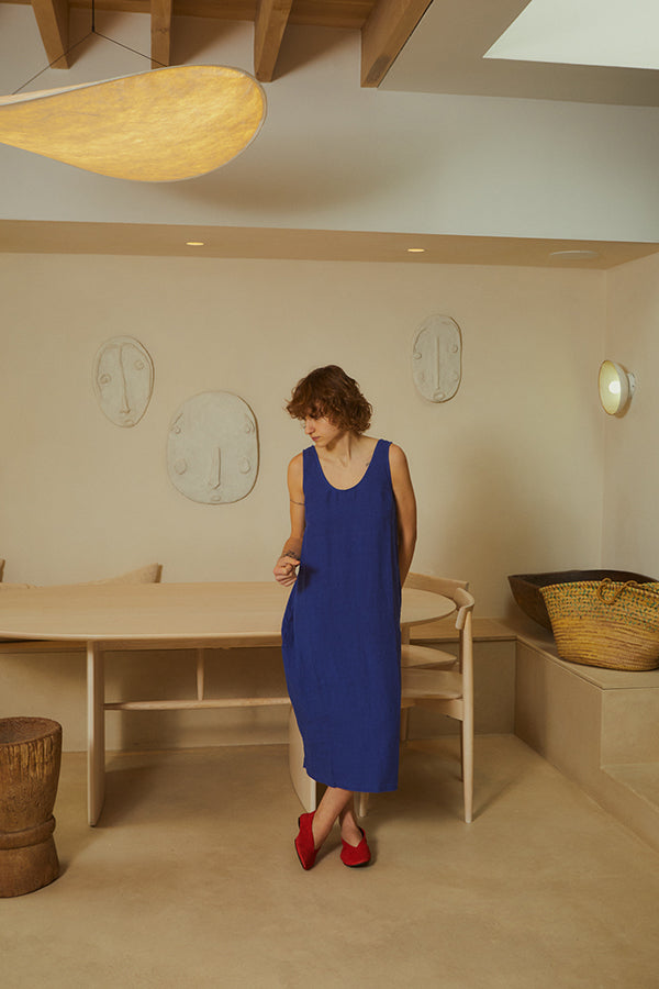BASIC LINEN SHIFT DRESS COBALT
