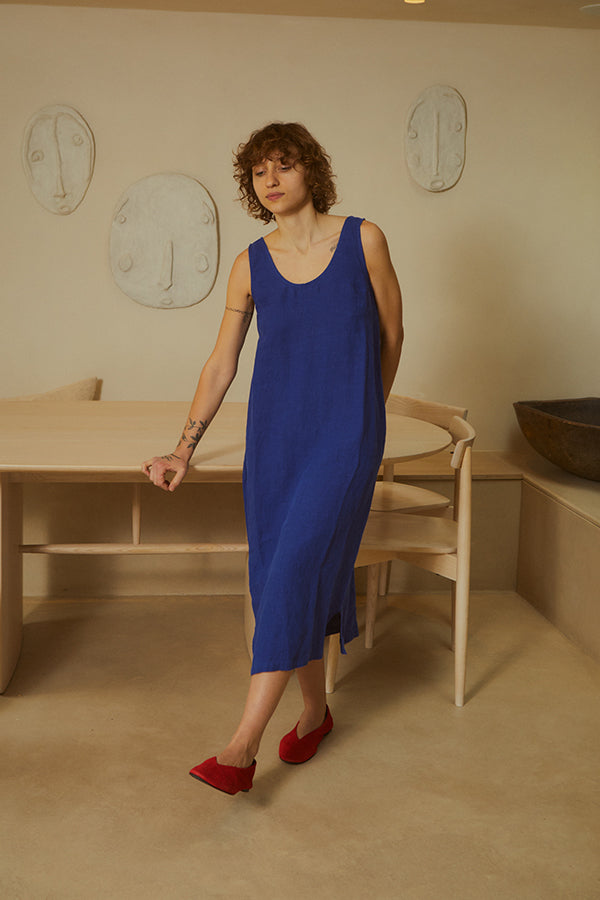 BASIC LINEN SHIFT DRESS COBALT