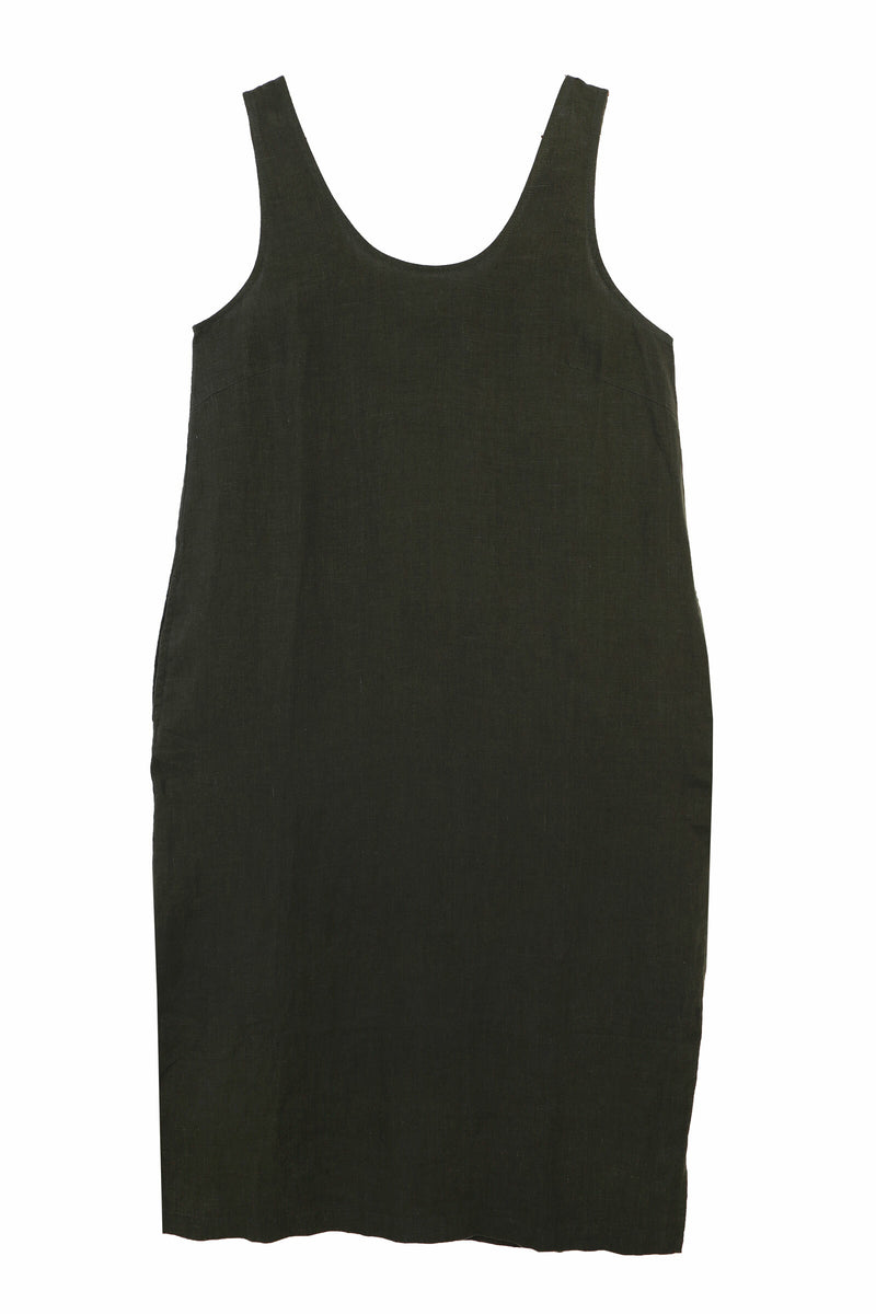 BASIC LINEN SHIFT DRESS DARK FOREST