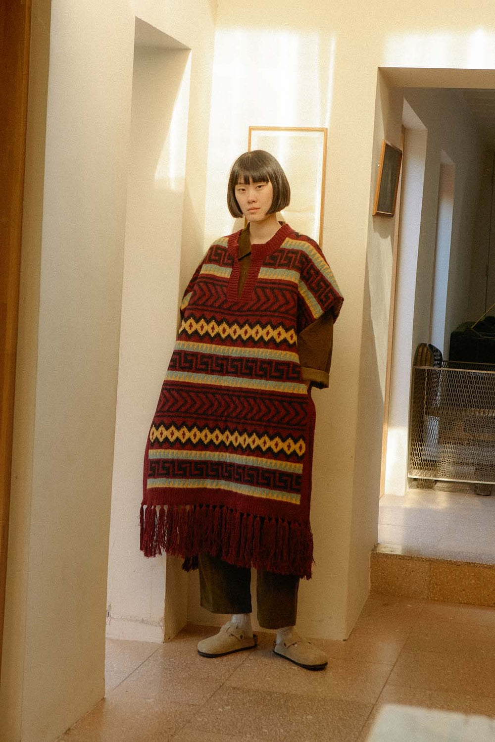 Weston Knit Poncho Burgundy Intarsia